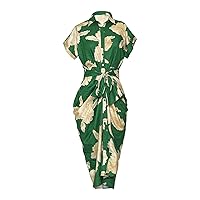 Women's Summer Dresses Ladies Dress Womens Dress with Lace Up Lapel Print Short Sleeved Long Dress(Green,Medium)