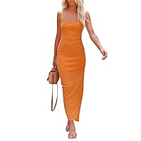 Womens Summer Dresses 2024 Ummer Fashion Solid Color Round Neck Slit Sexy Adjustable Straps Camisole Dress
