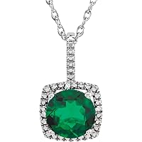 925 Sterling Silver Round 7mm Emerald Polished Emerald and .015 Dwt Diamond Necklace Jewelry for Women