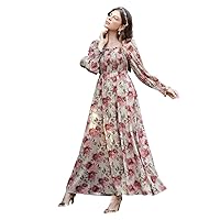 Womens Fall Fashion 2022 Square Neck Floral Print Shirred Dress (Color : Multicolor, Size : X-Large)