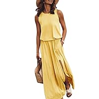 Womens Round Neck Sleeveless Dress Casual Loose Solid Long Dresses with Pocket Flowy Tunic Maxi Summer Comfy Dress