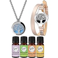 Wild Essentials Tree of Life Necklace and Bracelet Diffuser Gift Box set with 4 essential oils and 24 color refill pads aromatherapy lavender, lemongrass, orange and peppermint oils, combination kit