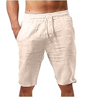 Men Casual Cotton Linen Shorts Hawaiian Elastic Waist Drawstring Lightweight Shorts Summer Beach Golf Pockets Shorts