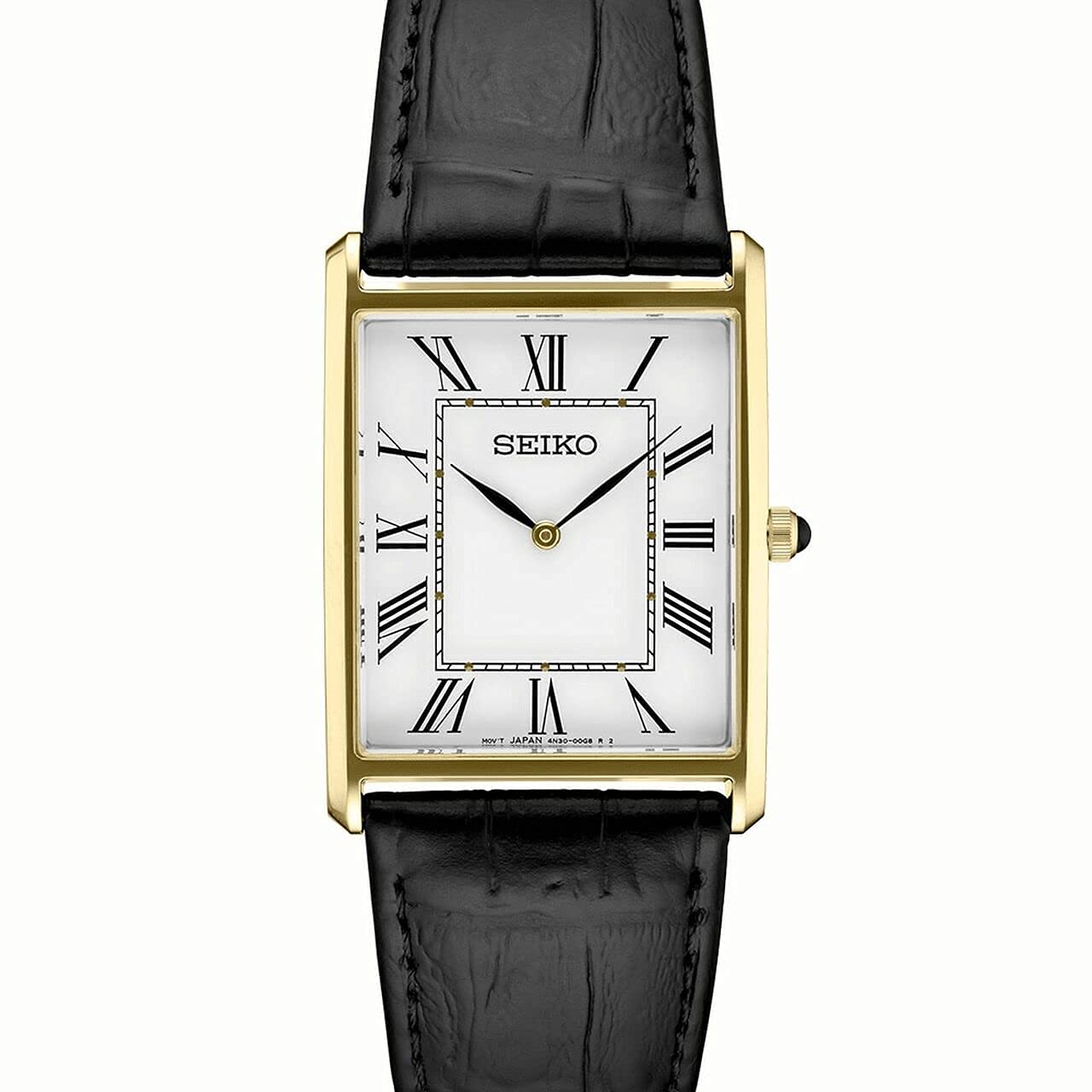 SEIKO SWR052 Watch for Men - Essentials Collection - Water Resistant with Gold-Tone Stainless Steel Rectangular Case, White Dial with Roman Numerals, and Black Leather Strap