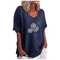 Summer Plus Size Tops for Women Dandelion Print Scoop Neck Short Sleeve Tshirts Casual Loose Fit Trendy Blouses Stretchy Tee