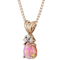 PEORA Solid 14K Rose Gold Created Pink Opal with Genuine Diamonds Pendant for Women, Dainty Teardrop Solitaire, Pear Shape, 7x5mm