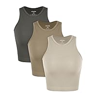 ODODOS 3-Pack Seamless Crop Tank for Women Ribbed Soft High Neck Cropped Tops