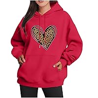 Valentine's Day Sweatshirt Women Leopard Love Heart Graphic Tees Drawstring Hoodies Long Sleeve Pullover Tops with Pocket
