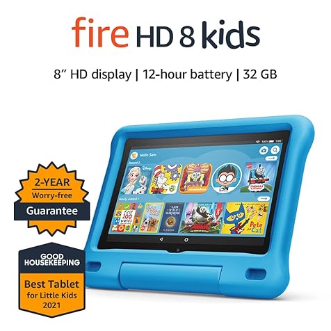 Fire HD 8 Kids tablet, 8" HD display, ages 3-7, 32 GB, includes a 1-year subscription to Amazon Kids+ content, Blue Kid-Proof Case, (2020 release)