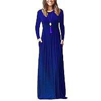 Women's Basic solid color Long Sleeve Slim Long Maxi Casual Crew Neck large swing Dresses with Pockets