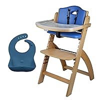 Abiie Beyond Junior Natural Wood/Blue Cushion Convertible 3-in-1 Wooden High Chairs for 6 Months to 250 lbs, and Ruby Wrapp Space Blue Waterproof Silicone Bibs with Front Pocket - Baby Essentials