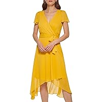 DKNY Women's Short Sleeve Asymmetrical Hem Faux Wrap Dress, Golden, 16