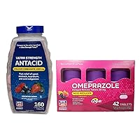 Omeprazole Wildberry Mint 20 mg, 42 Count and Antacid Chewable Tablets Berry Flavors, 160 Count - Digestive Health Bundle