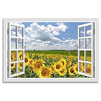 Woxfcart False Window Sunflower Picture Decor Wall Art Faux Opening Windows Sun flowers floral Nature Landscape Canvas Print with Framed 36x24