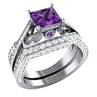 2.11 CT Princess Cut Prong Set Purple Amethyst and VVS1 Diamond Engagement Wedding Band Bridal Ring Set Sizable Real 925 Sterling Silver