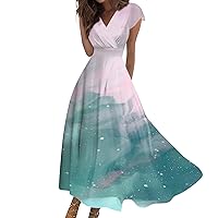 Maxi Dresses for Women 2024 Casual Sexy Short Sleeve Summer Dresses V Neck Plus Size Formal Trendy Floral Long Dress