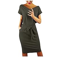 Women's Casual Dress Crewneck Waist Tie Short Sleeve Club Pencil Dress with Pocket