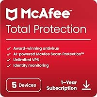 McAfee Total Protection 2024 | 5 Device | Cybersecurity Software Includes Antivirus, Secure VPN, Password Manager, Dark Web Monitoring | Download McAfee Total Protection 2024 | 5 Device | Cybersecurity Software Includes Antivirus, Secure VPN, Password Manager, Dark Web Monitoring | Download Download Mailed Keycard