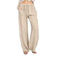Linen Pants Women,Summer Wide Leg Casual Loose Trousers Drawstring High Waist Palazzo Pants with Pockets