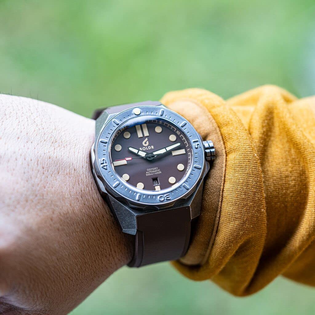 BOLDR Odyssey Coral Brown Watch Matte Dial & Hands with High Precision Lumicast Pieces Made with Swiss Super Luminova Druber Fluoroelastomer Rubber Strap