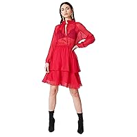 Elina fashion Women's Faux Georgette Flared Mini Long Sleeve Dress High Neck Summer Casual Tiered Dresses