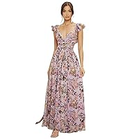 Dresses for Women 2024 Floral Print Lace Up Backless Ruffle Trim A Line Maxi Dress