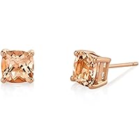 Peora Solid 14K Rose Gold Morganite Stud Earrings for Women, Genuine Gemstone Classic Solitaire, Cushion Cut 6mm, 2 Carats total, Friction Back
