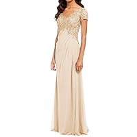 POMUYOO Women's V-Neck Lace Appliques Mother of The Bride Dress Beaded Chiffon Evening Gown with Sleeves YG107