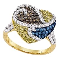 The Diamond Deal 10kt Yellow Gold Womens Round Blue Brown Yellow Color Enhanced Diamond Heart Ring 1.00 Cttw