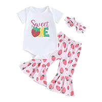Toddler Baby Girls Birthday Outfits Letter Tassel Shirt Donut Cake Floral Flared Long Pants Headband 3Pcs Summer Set