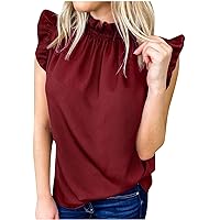 Womens Frill Mock Neck Blouse Ruffle Trim Cap Sleeve Fashion Tops Summer Casual Loose Fit Dressy Solid Color T-Shirts
