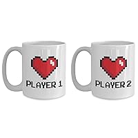 Gamer Couple Coffee Mug - Player 1 Player 2 - Arcade RPG MMORPG Online Anime Otaku Lover Adventure Wedding Anniversary Present Funny Consol Game