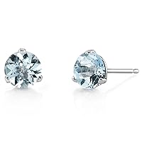 Peora Solid 14K White Gold Aquamarine Martini Solitaire Stud Earrings for Women, 1.50 Carat total, Round Shape 6mm, AAA Grade, March Birthstone, Hypoallergenic, Friction Back