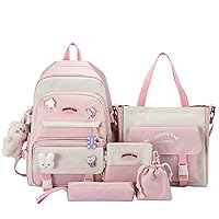 Kawaii Backpack Set 5pcs Aesthetic Backpack for School Teens Girls Daypack Large with Pendants and Pins, Pen Case, Tote Bag, Small Bag(Pink)