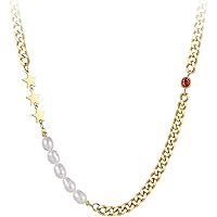 EF ENFASHION Trendy Pearl Choker Chain Necklace, Stainless Steel Simple Couple Necklace Fashion Jewelry.