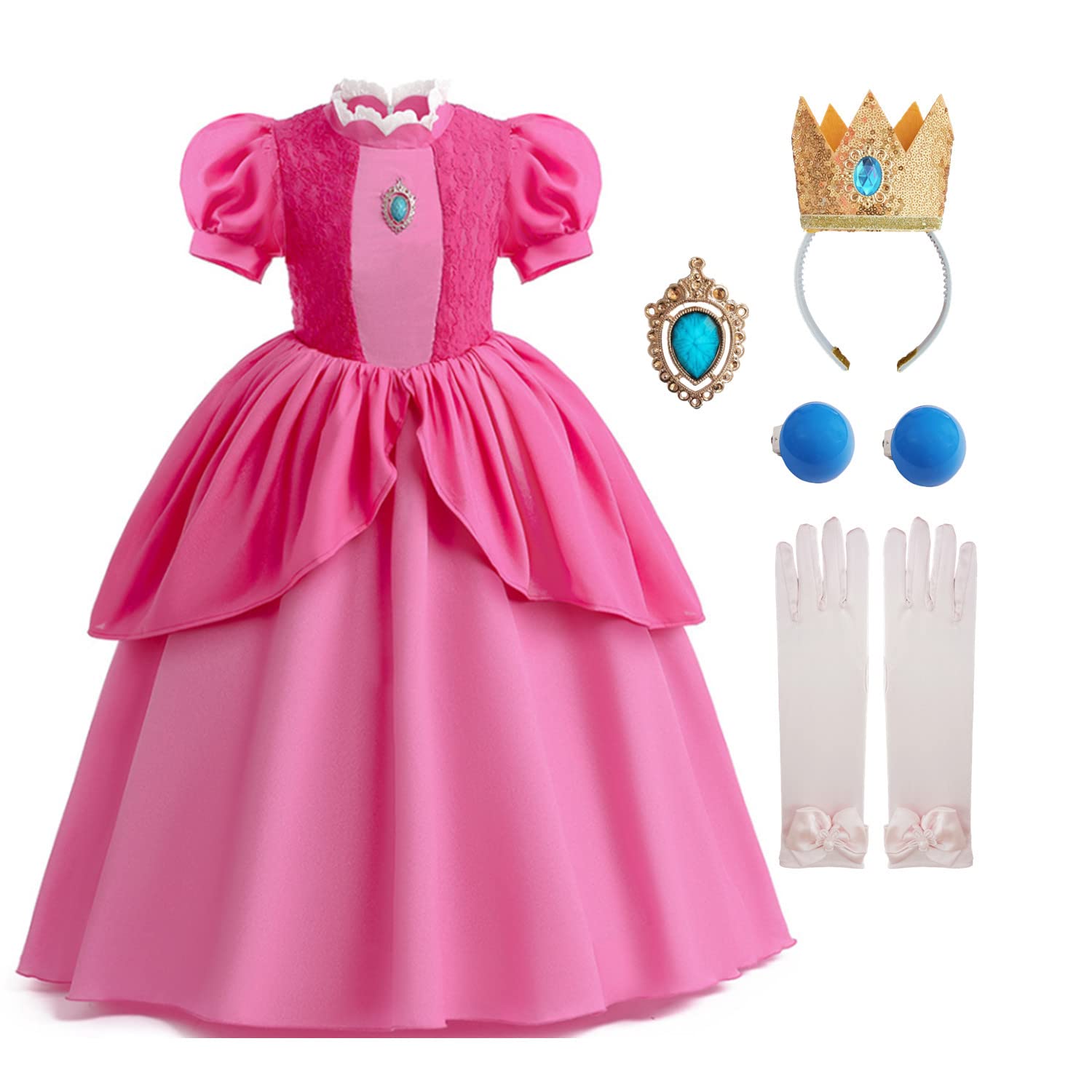 Xefenki Princess Peach Cosplay Costume for Girls Kids,Princess Peach Dress With Accessories Crown and Earrings