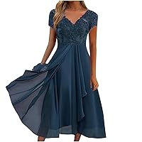 Women Dresses Trendy Elegant Lace Chiffon Flowy Dresses Evening Party V Neck Short Sleeve High Waist Tiered Dress