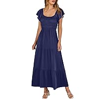 joysale Women Summer Casual Long Dress Flutter Short Sleeve V Neck Dresses Smocked Elastic Waist Tiered A Line Maxi Dress