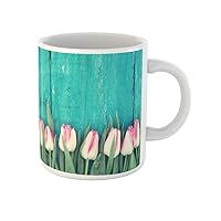 Coffee Mug Tulips on Turquoise Rustic Wooden Spring Flowers 11 Oz Ceramic Tea Cup Mugs Best Gift Or Souvenir For Family Friends Coworkers