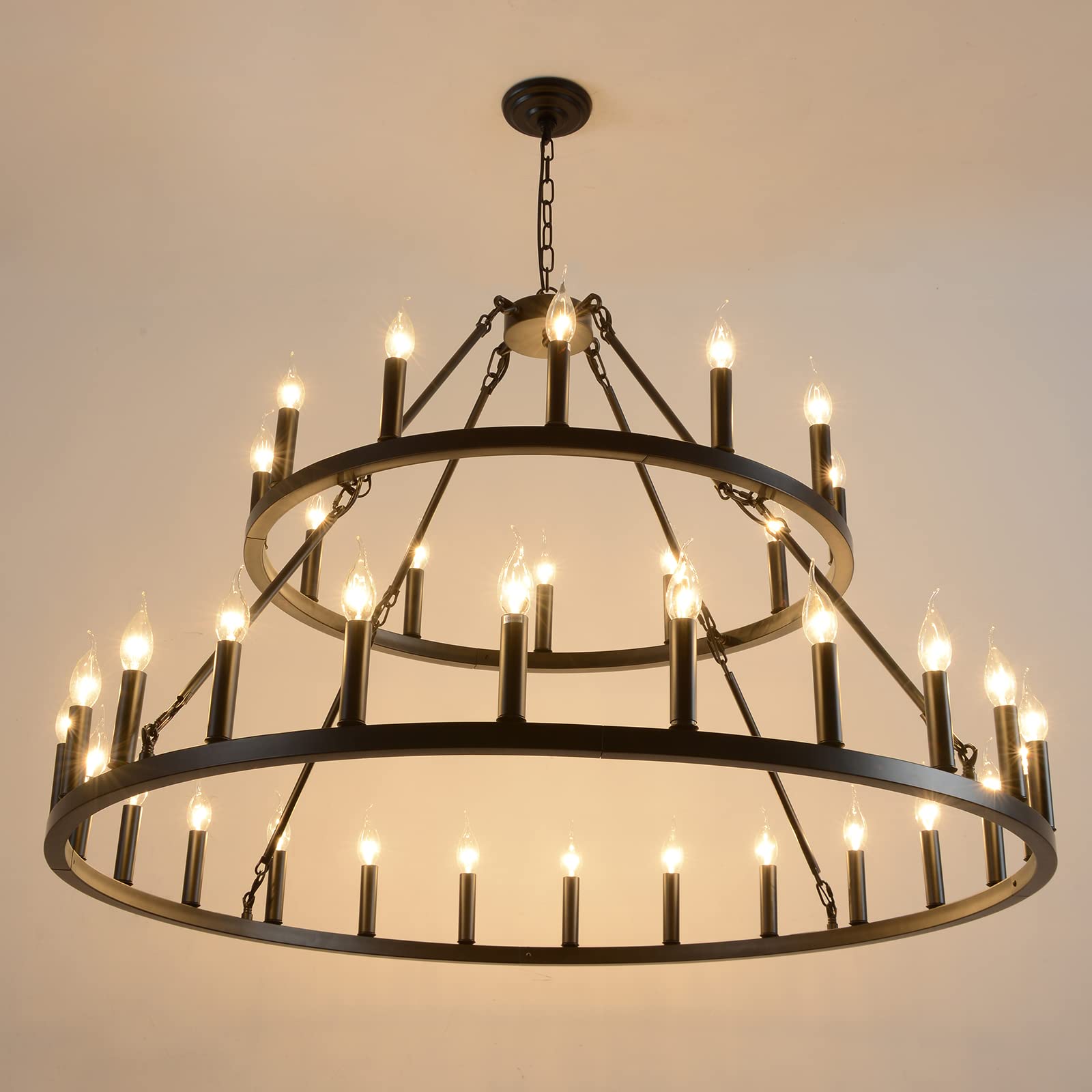 WOGON WEEL Wagon Wheel Chandelier 2 Tier 36-Light 48-inch, Black Farmhouse Industrial Chandelier Rustic Candle Pendant Light Extra Large for High Ceilings, Living Room Foyer