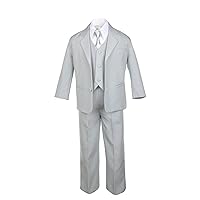 6pc Boy Gray Vest Formal Tuxedo Suits with Satin Silver Necktie Baby to Teen