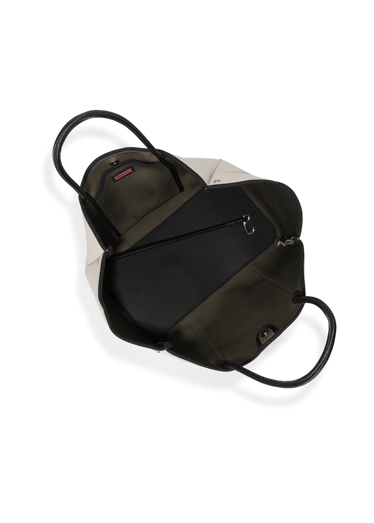Haute Shore - Greyson Roma Neoprene Tote Bag w/Zipper Wristlet Inside, Beige W/Olive, Black, & Red Stripe