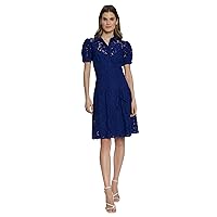 Maggy London line Lace Cocktail, Short-Sleeve, Flared Skirt, Ideal for Bridal Shower, Work, Blue Dress Women