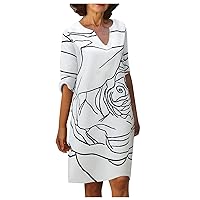Women's Casual Dress Creative Printing V Neck Knee Length Midi T-Shirt Dress (5-Beige,16) 2288
