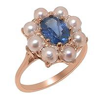 14k Rose Gold Natural Sapphire & Cultured Pearl Womens Cluster Ring - Sizes 4 to 12 Available