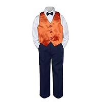 4pc Baby Toddler Kid Boys Orange Vest Navy Blue Pants Bow Tie Suits Set (3T)