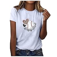 Baseball Pullover Tops Womens Summer Funny Leopard Heart Round Neck Short Sleeve T-Shirts Causal Loose Fit Classic Mom Shirts