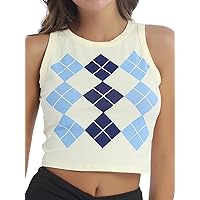 Women's Casual Sleeveless Round Neck Geometric Rhombic Print Crop Tank Top Shirts