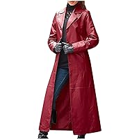 TUNUSKAT Women Maxi Leather Jacket Fall/Winter Fashion Solid Long Windbreaker Coat Cool Long Sleeve Motorcycle Overcoat Tops