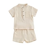Toddler Boys Summer Linen Shorts and Shirt Set Solid Color Button Up Shirts Tops Shorts Clothes Outfits Set